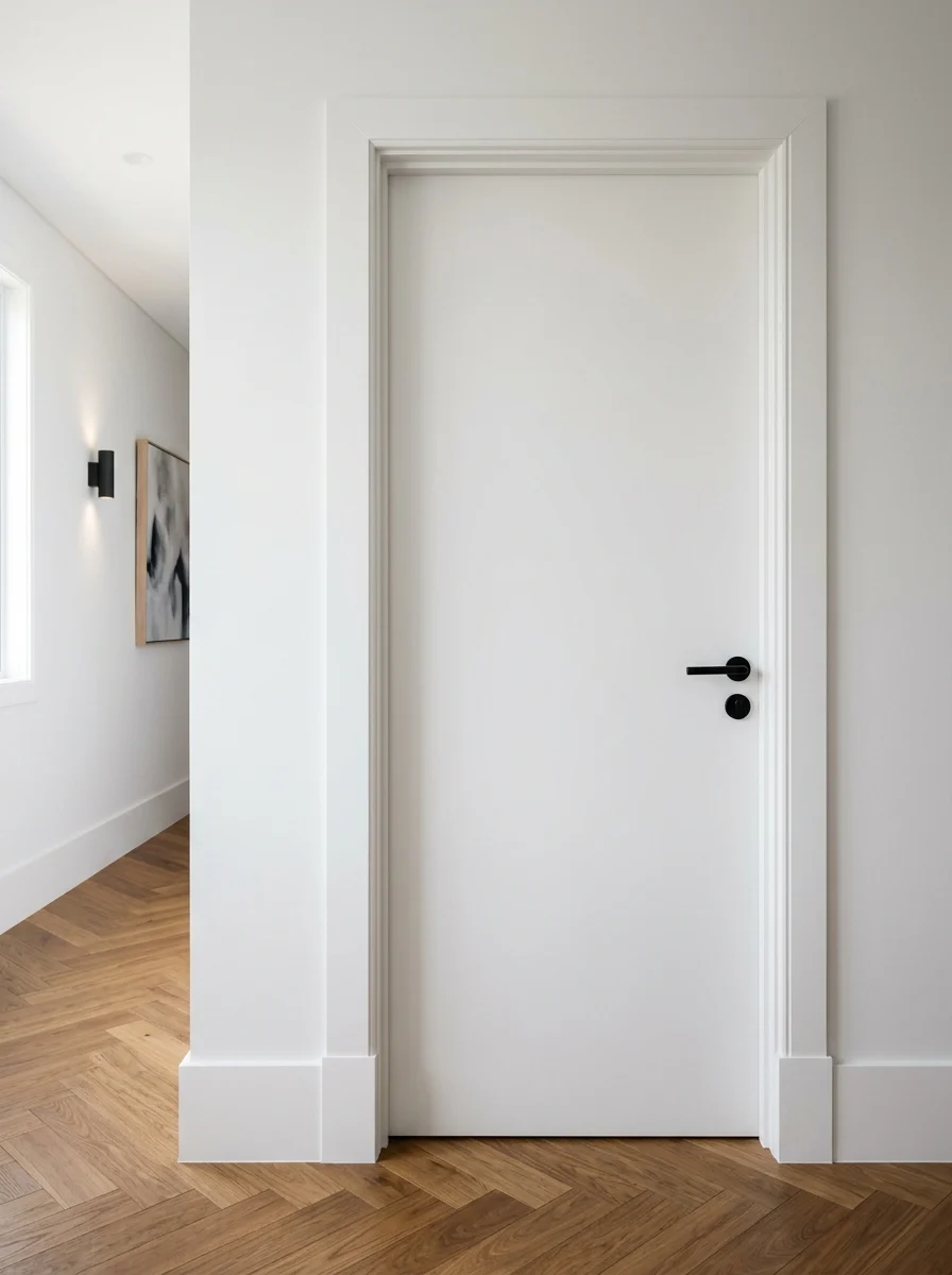 Modern flush internal door with matte black lever handle, precision architraves and tall skirting boards