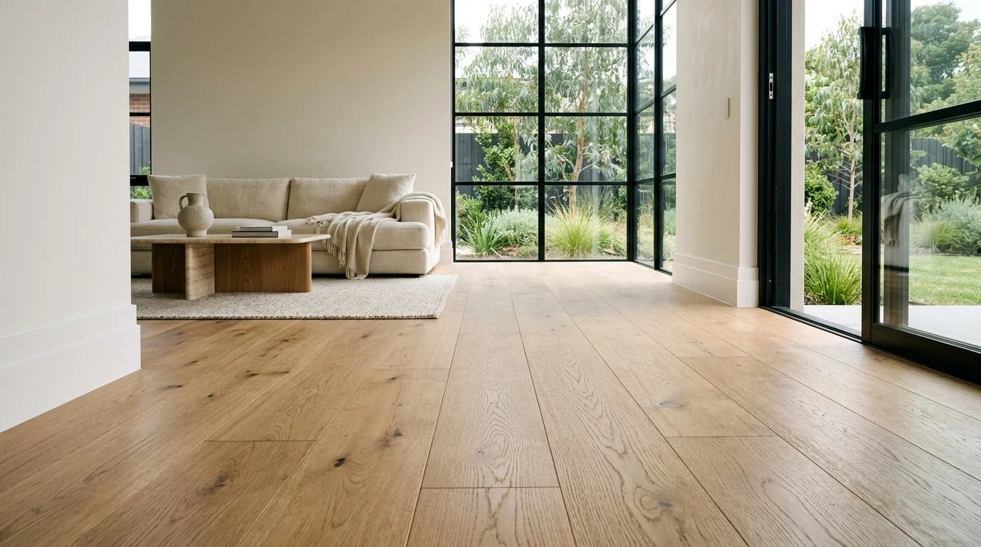 Wide-plank European oak engineered timber flooring in sunlit living room with tall skirting boards