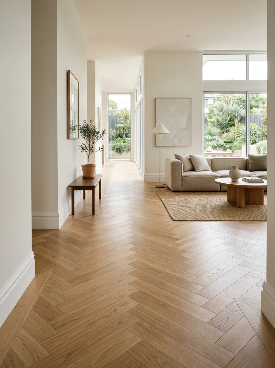 European oak herringbone parquetry timber flooring with precision skirting boards