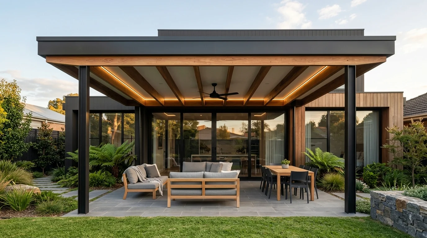 Architectural custom outdoor pergola with timber rafters, integrated LED lighting and outdoor lounge