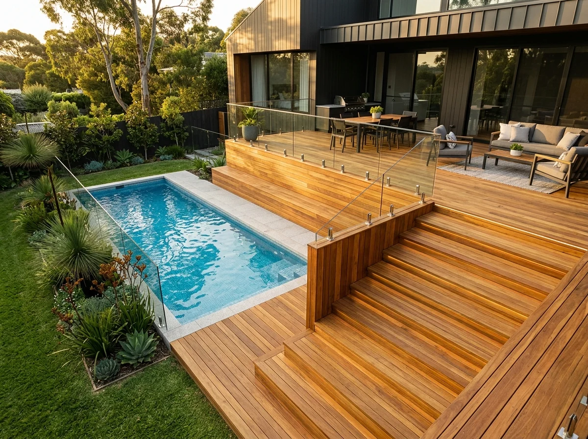 Multi-level hardwood deck with cascading stairs and frameless glass balustrade overlooking swimming pool