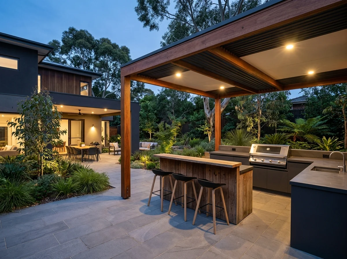Modern timber pergola with insulated roof and integrated outdoor BBQ kitchen at twilight