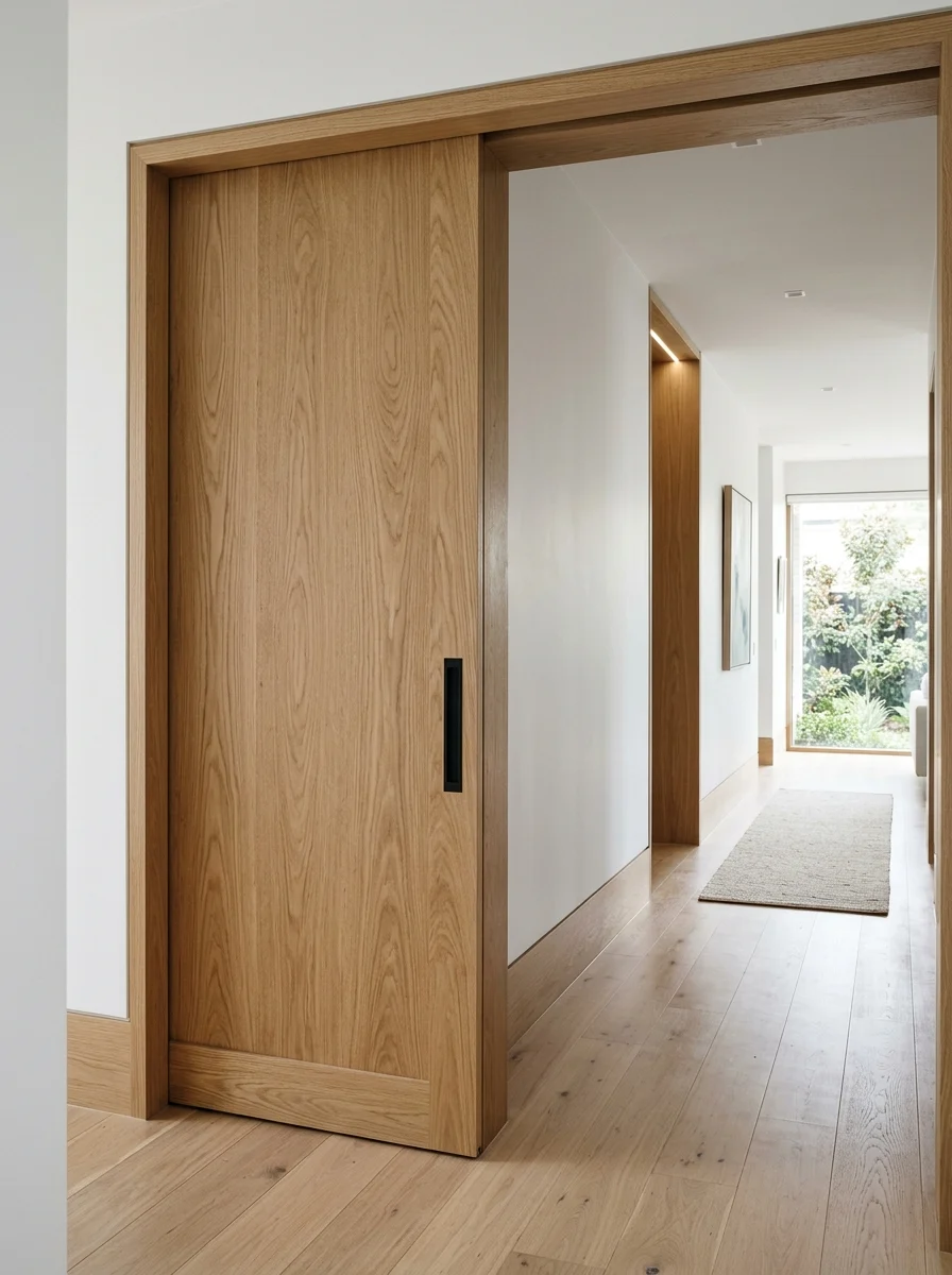 Custom white oak cavity sliding pocket door with matching timber architraves and skirting